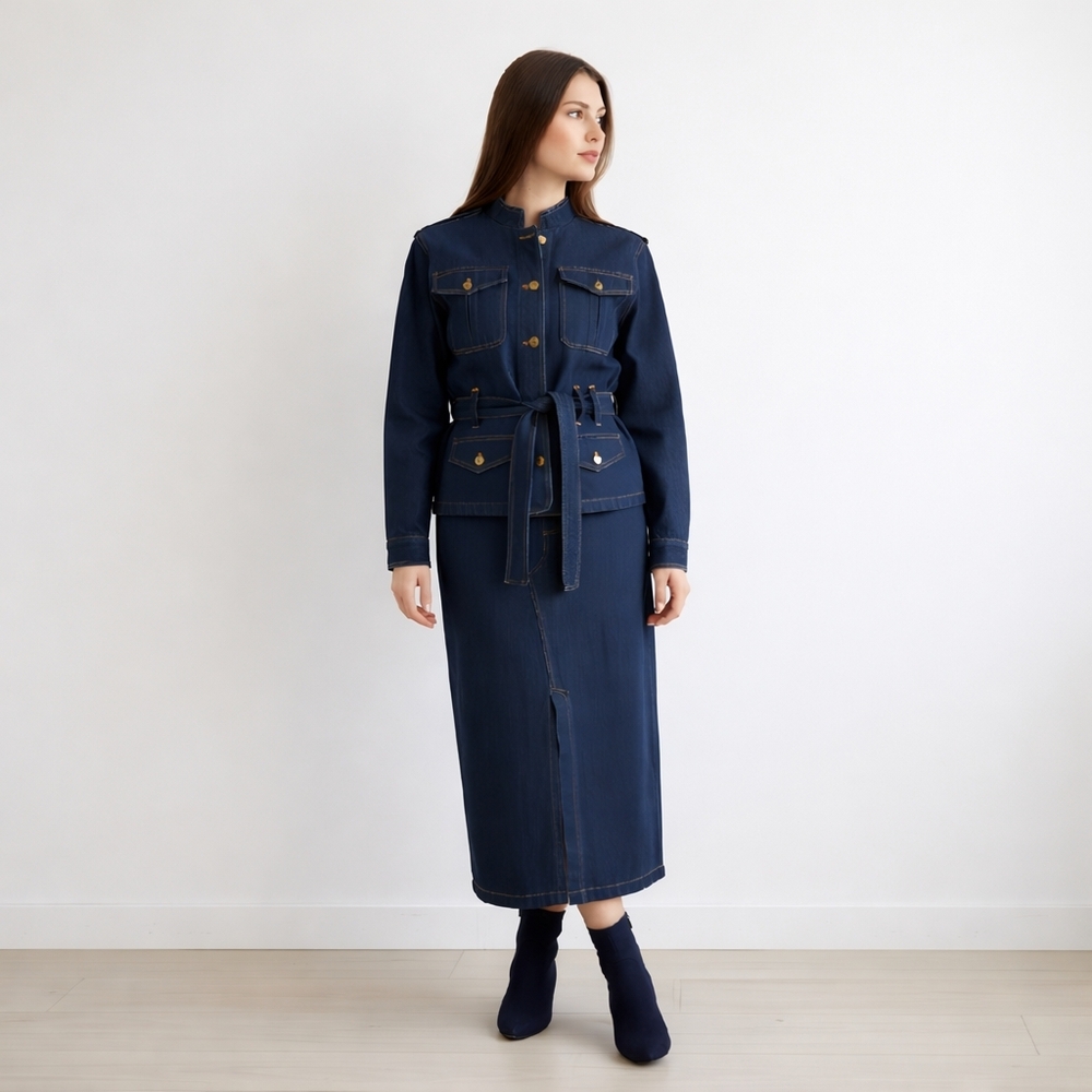 Vintage 90s Denim Skirt Suit Size 16 Y2K Blue Dark Wash Safari Paleontologist